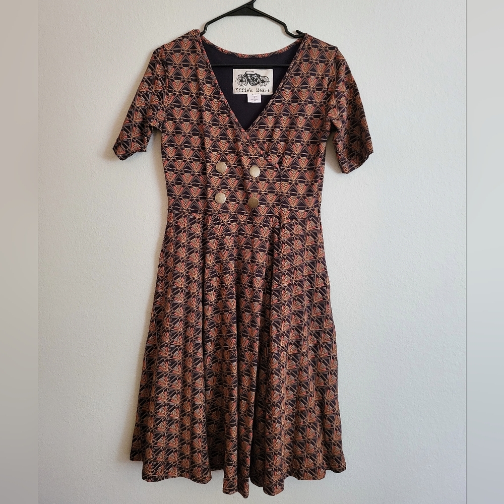 Effie's Heart Art Deco Half Sleeve Dress Size M, Pockets Brass Buttons Stretchy